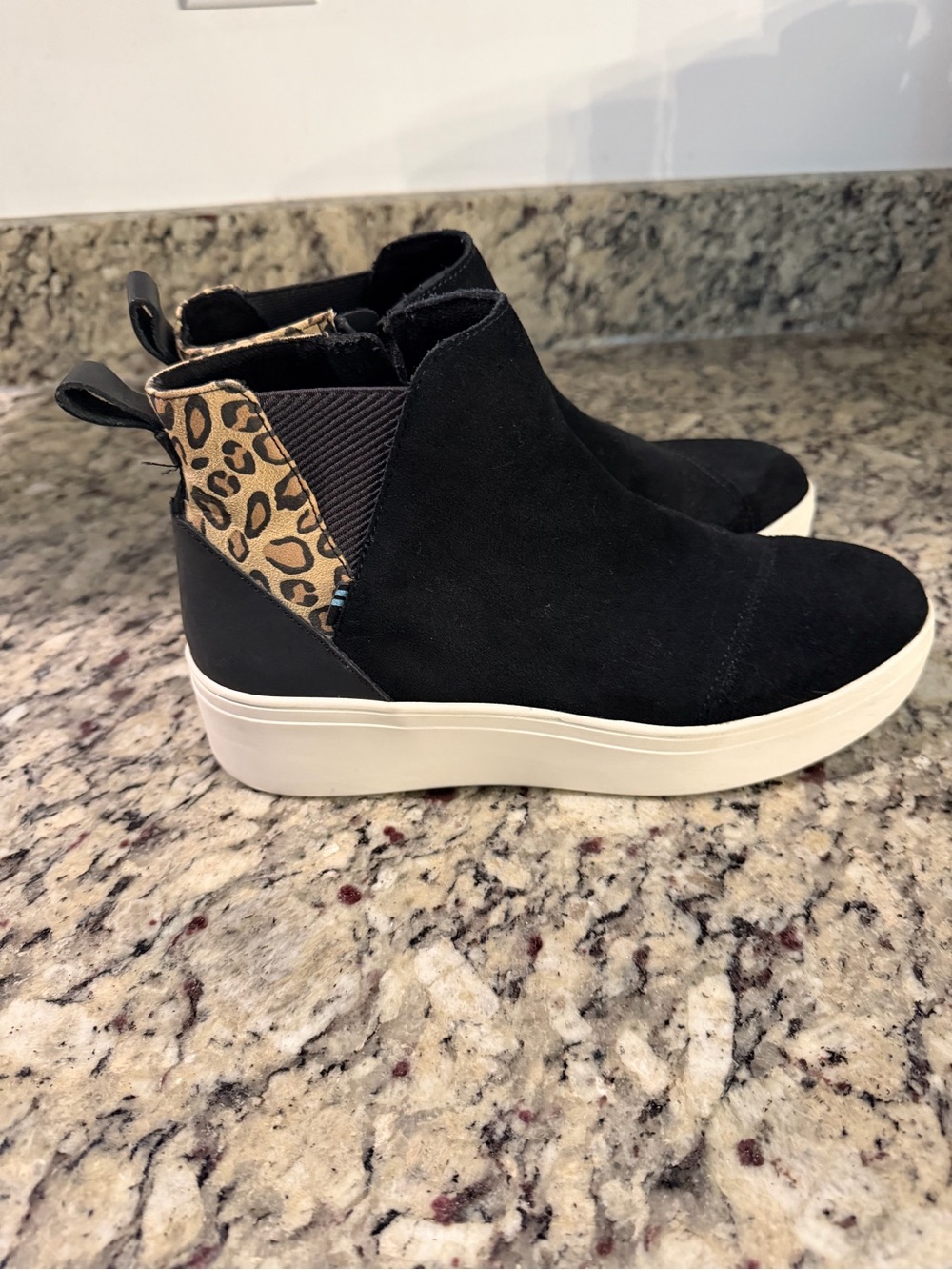 Toms Jamie Black Suede Ankle Booties with Leopard Heel Accent
